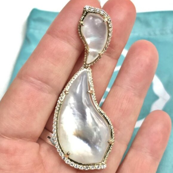 New 14K Gold Mother-of-Pearl CZ Teddi XL Earrings - Picture 5 of 7